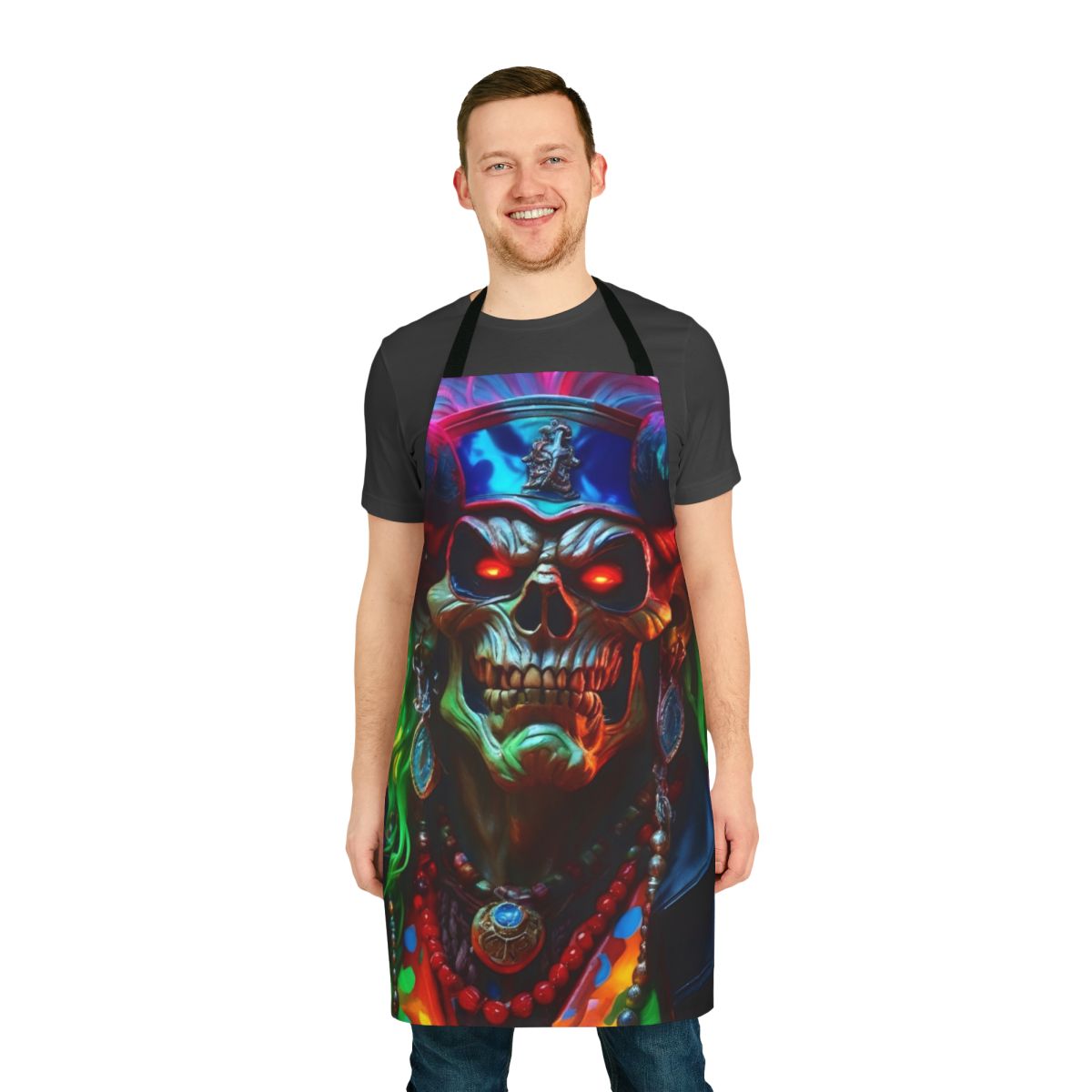 Black cotton apron with skull and demon biker pirate design