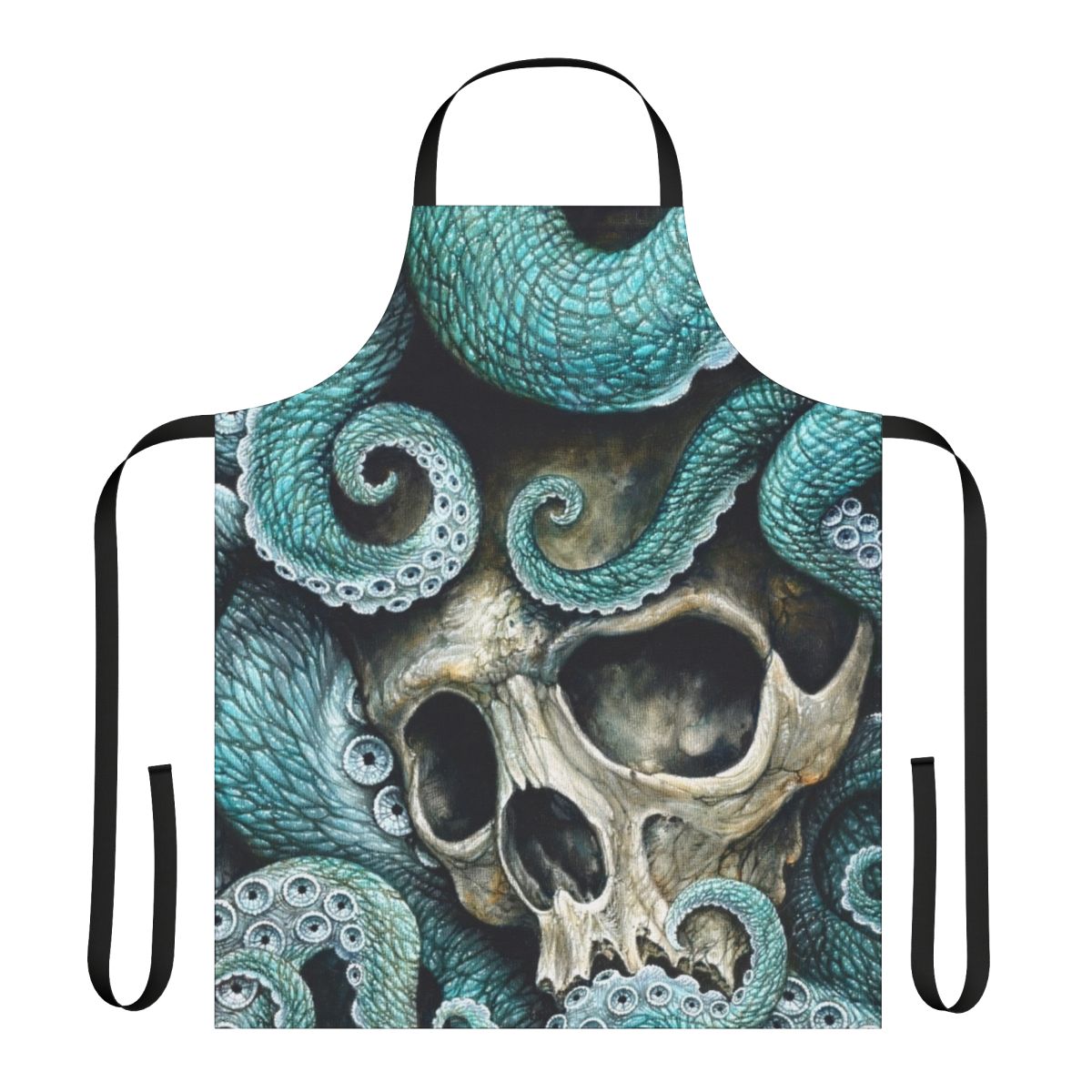 Skull and octopus artwork printed on a black apron with tentacle designs, ideal for cooking and kitchen use.