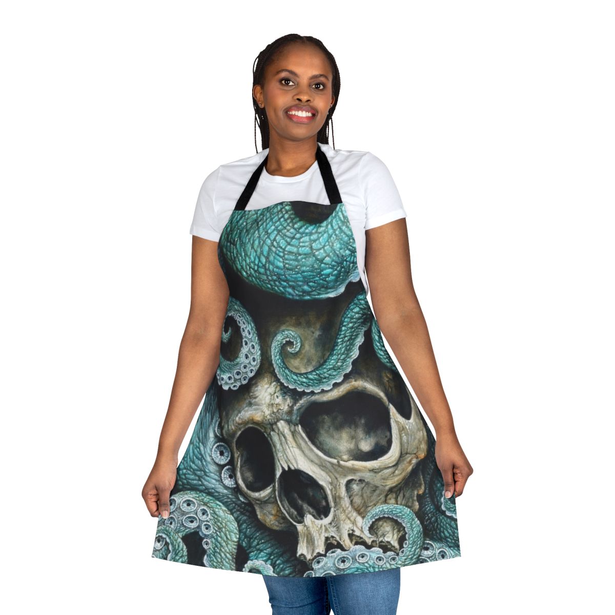Skull and octopus artwork printed on a black apron with tentacle designs, ideal for cooking and kitchen use.
