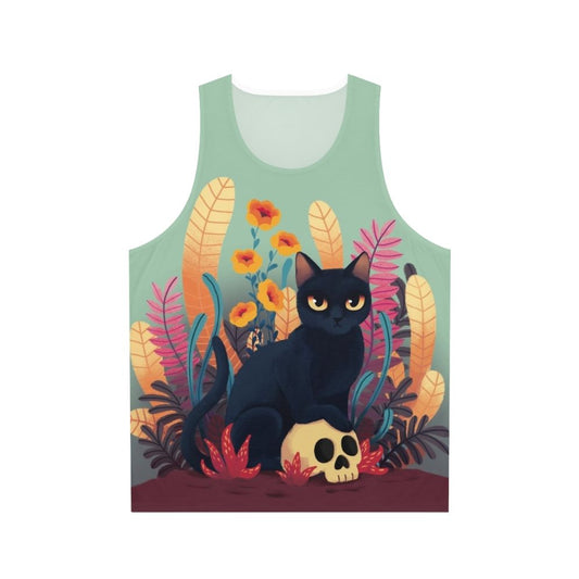 Spooky skull cat floral design unisex tank top