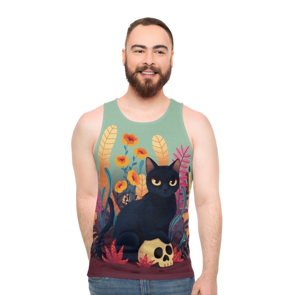 Spooky skull cat floral design unisex tank top