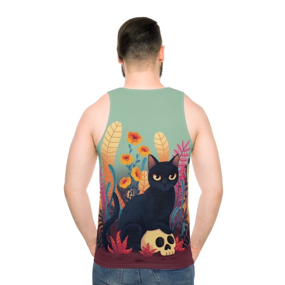 Spooky skull cat floral design unisex tank top