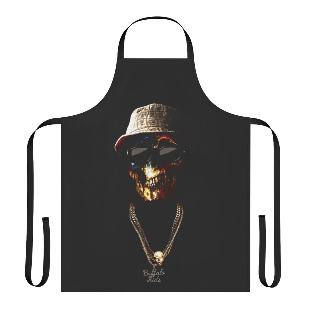Conway The Machine inspired apron with a skull face design