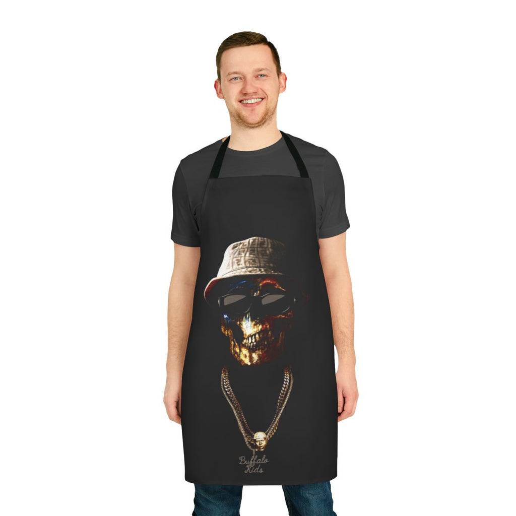 Conway The Machine inspired apron with a skull face design
