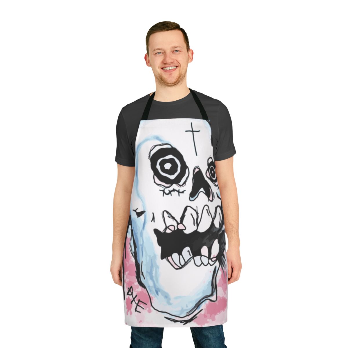 Apron featuring a bold, dark skull jacket design inspired by the style of late rapper Lil Peep.