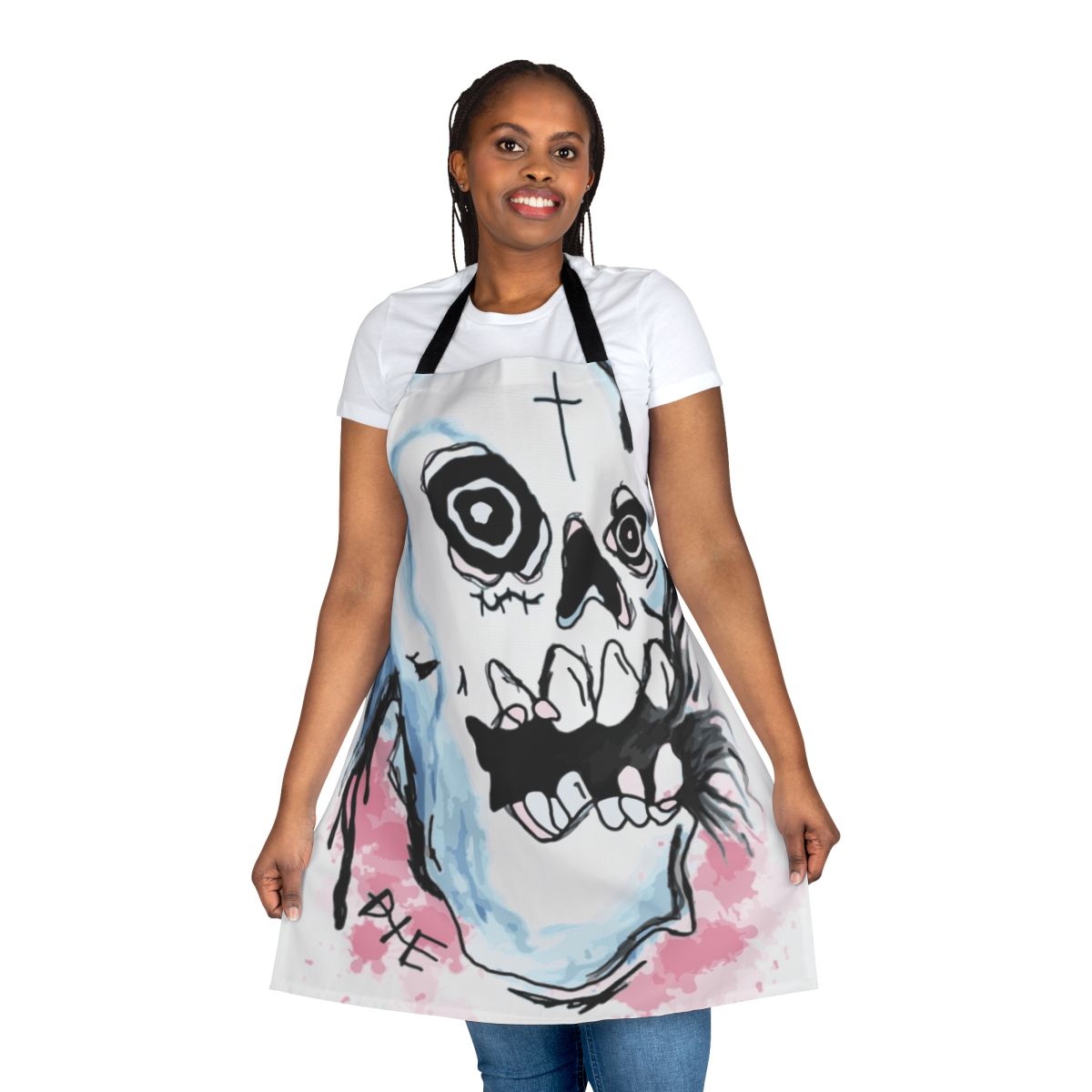 Apron featuring a bold, dark skull jacket design inspired by the style of late rapper Lil Peep.