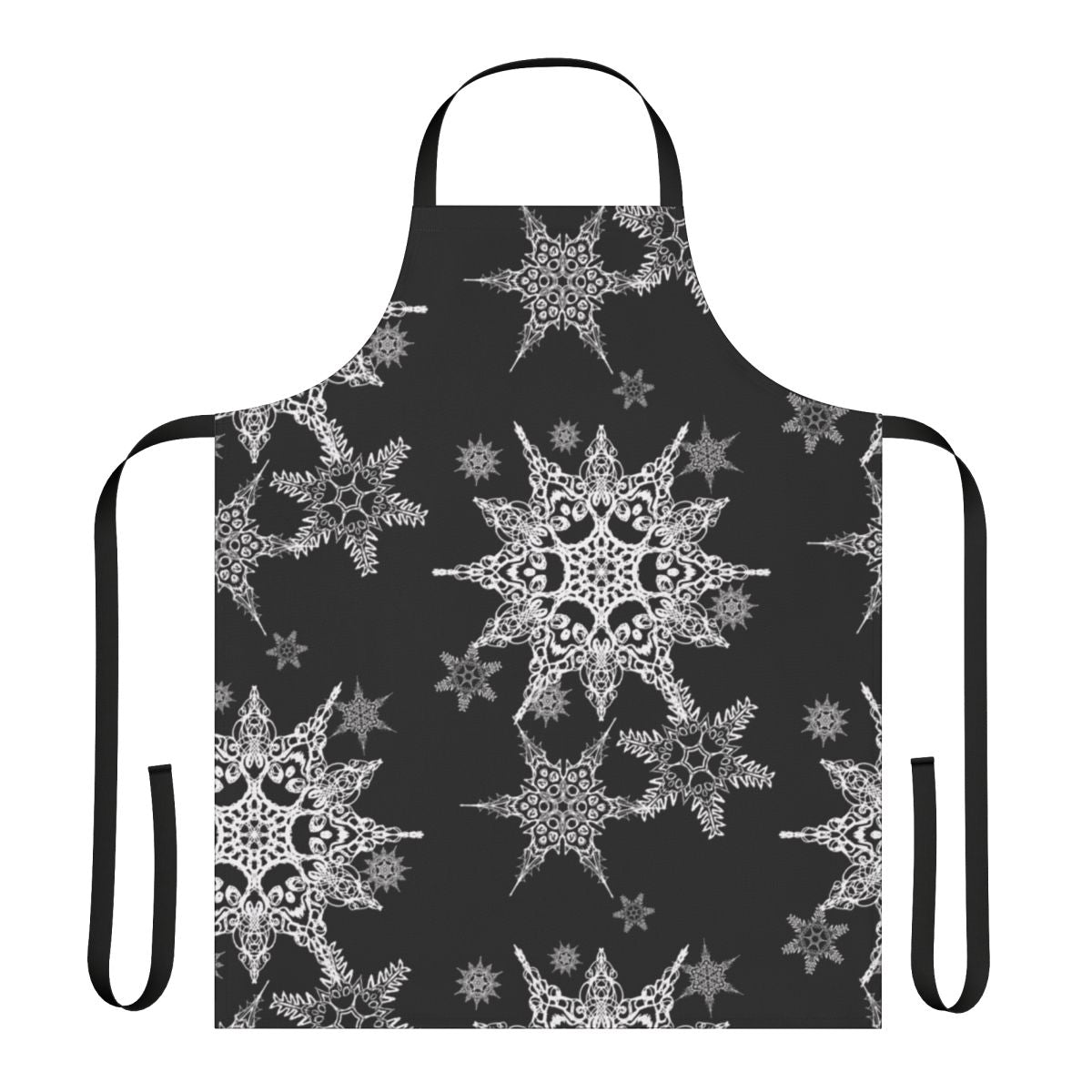 Skull-patterned snowflakes on a black apron, perfect for goth or winter holiday celebrations