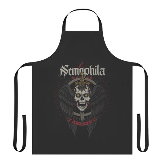 Stylized skull and wing graphic printed on a high-quality apron for heavy metal music enthusiasts