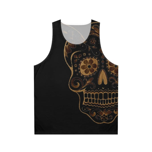 Unisex tank top with a skull and wood print design