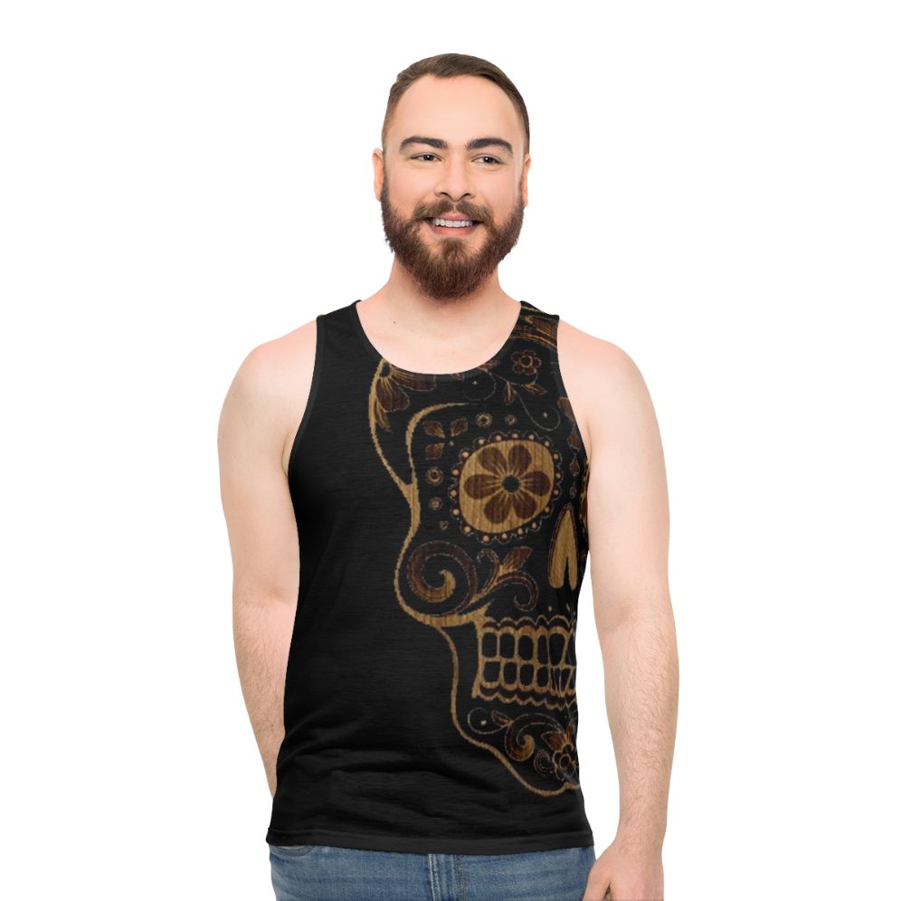 Unisex tank top with a skull and wood print design
