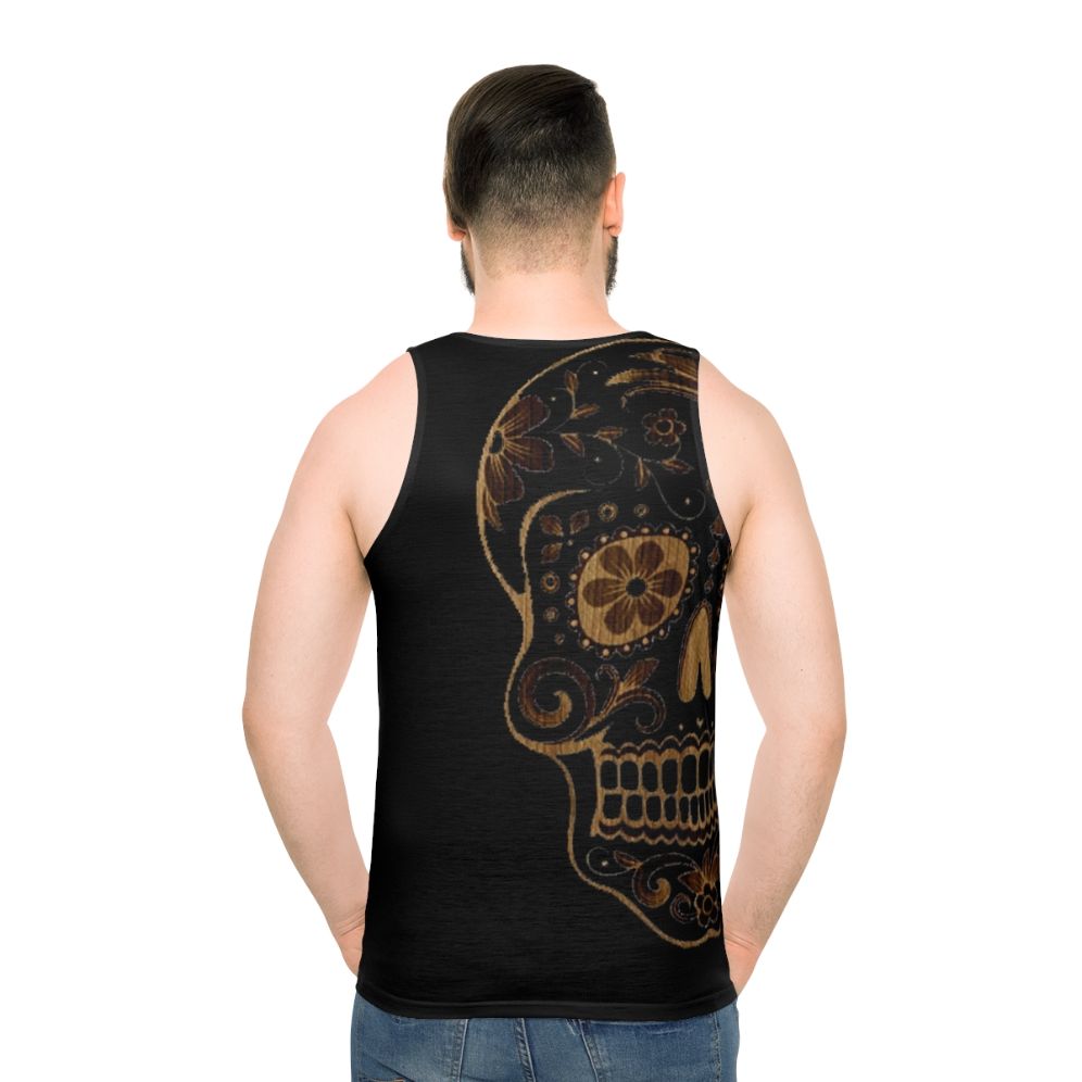Unisex tank top with a skull and wood print design