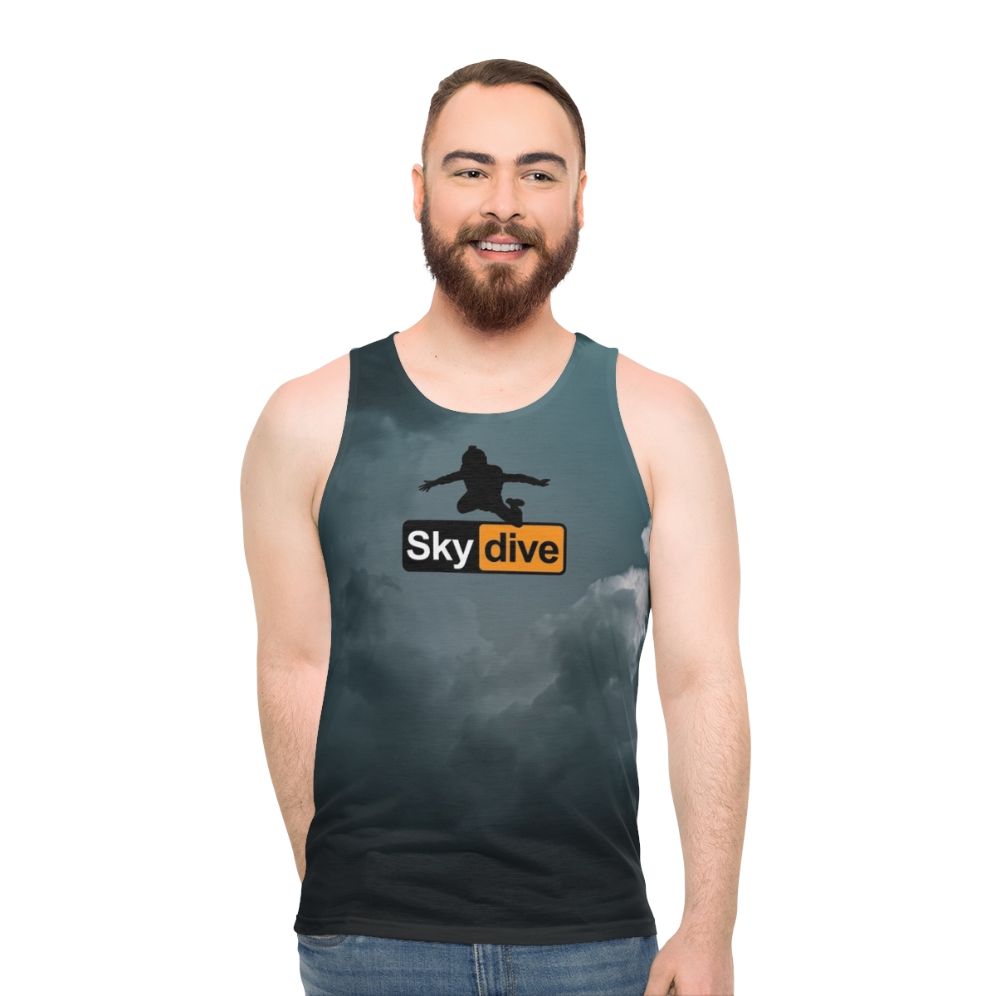 Skydiving graphic t-shirt with cloudy sky background
