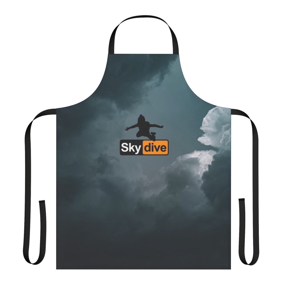 Skydiving-themed apron with a cloudy background and skydiving icon