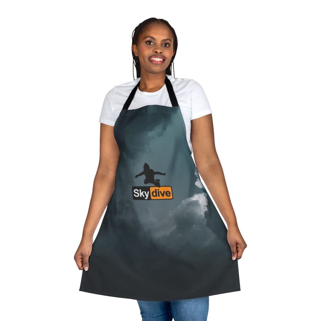 Skydiving-themed apron with a cloudy background and skydiving icon