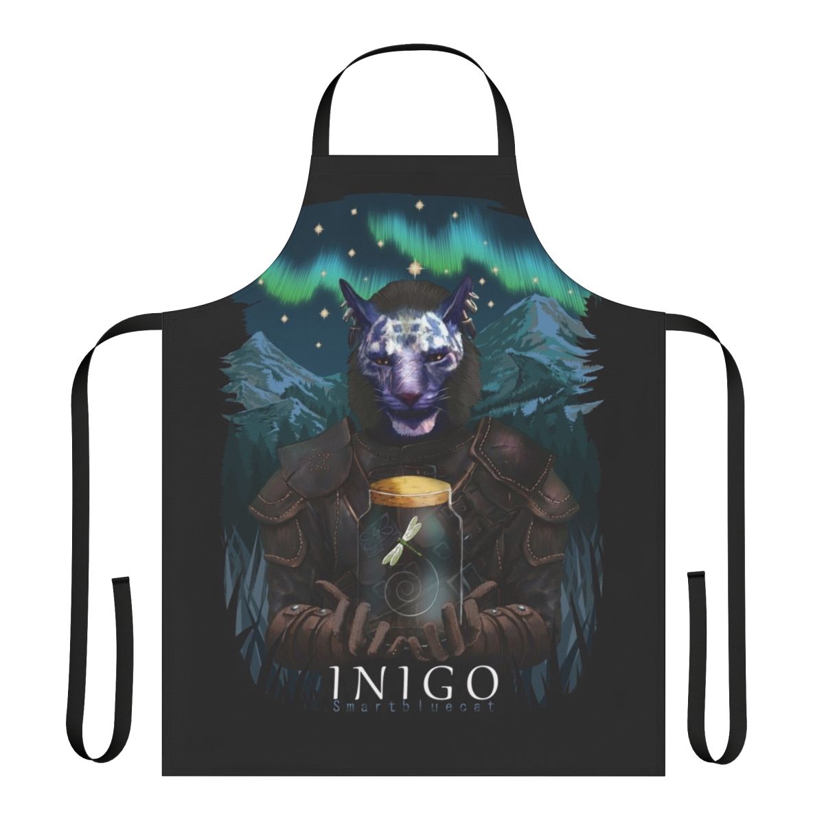 Skyrim-themed apron featuring Inigo the Khajiit and Mr Dragonfly characters