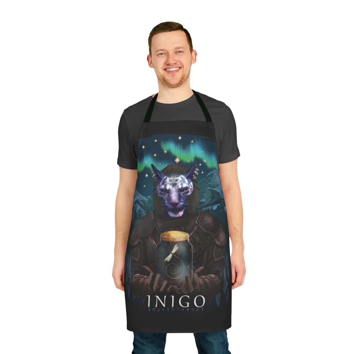 Skyrim-themed apron featuring Inigo the Khajiit and Mr Dragonfly characters