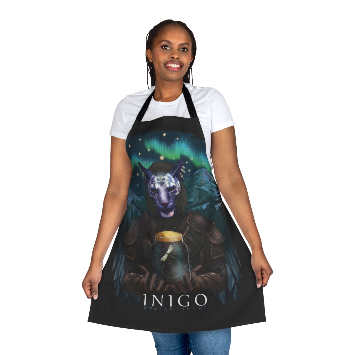 Skyrim-themed apron featuring Inigo the Khajiit and Mr Dragonfly characters