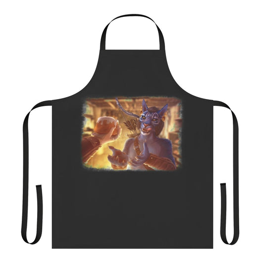 Skyrim inspired apron featuring the character Inigo and a sweetroll design