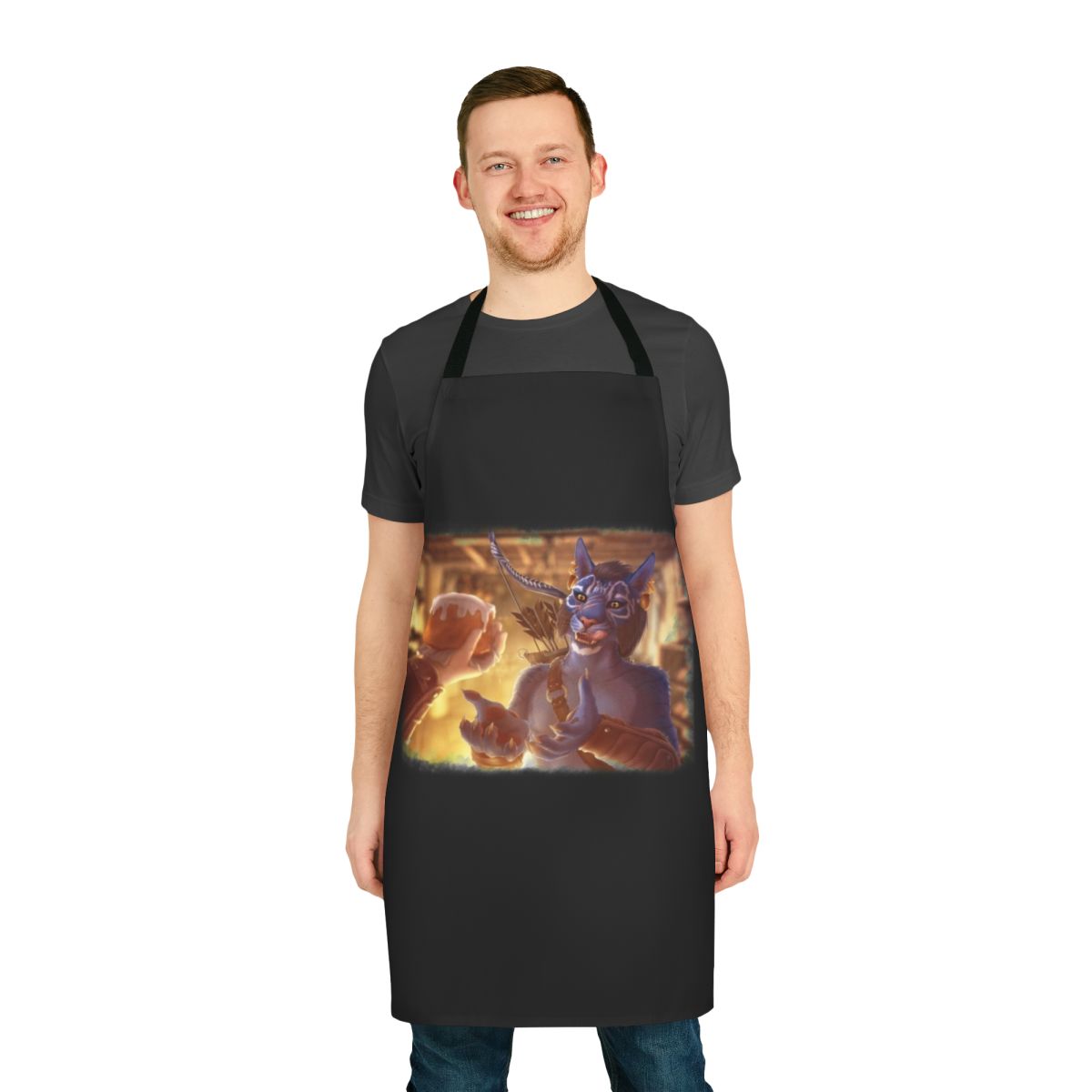 Skyrim inspired apron featuring the character Inigo and a sweetroll design