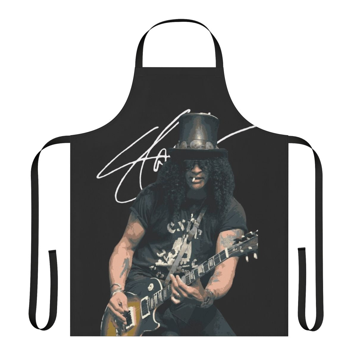 An apron featuring a stylized image of Slash's iconic guitar from Guns N' Roses.