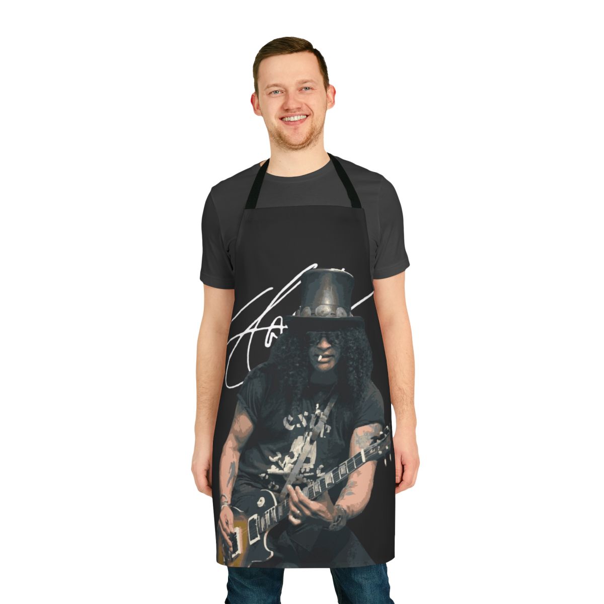 An apron featuring a stylized image of Slash's iconic guitar from Guns N' Roses.