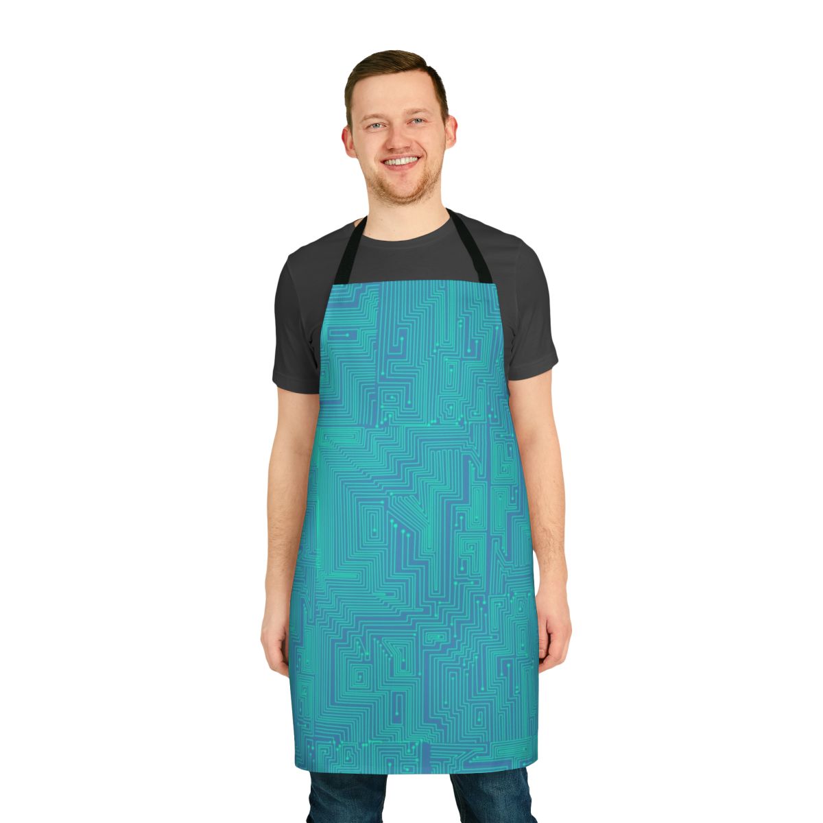 Stylish apron featuring a motherboard design, perfect for fans of the Be More Chill musical