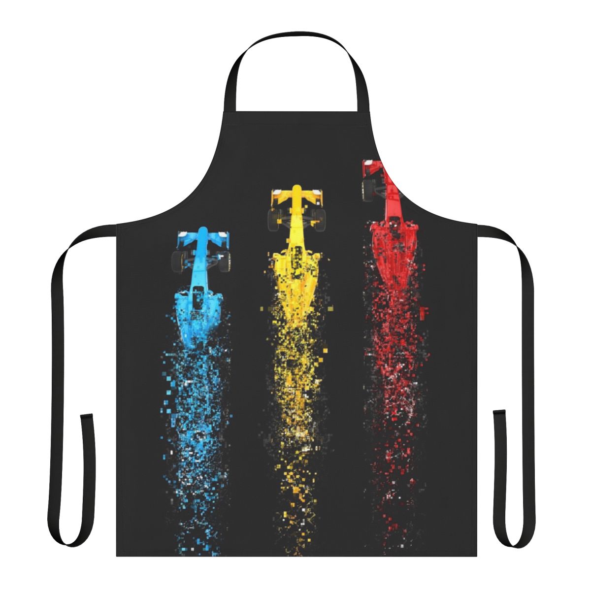Stylish apron featuring a disintegrating Formula 1 race car design