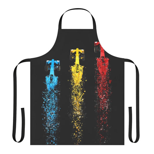 Stylish apron featuring a disintegrating Formula 1 race car design