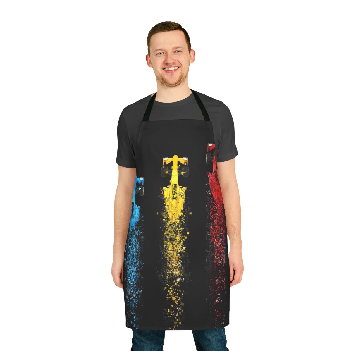 Stylish apron featuring a disintegrating Formula 1 race car design