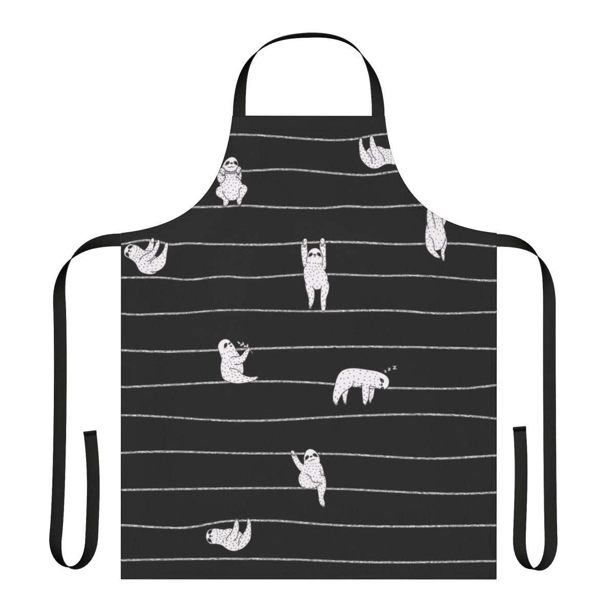 A sloth-themed cotton kitchen apron with a whimsical striped pattern