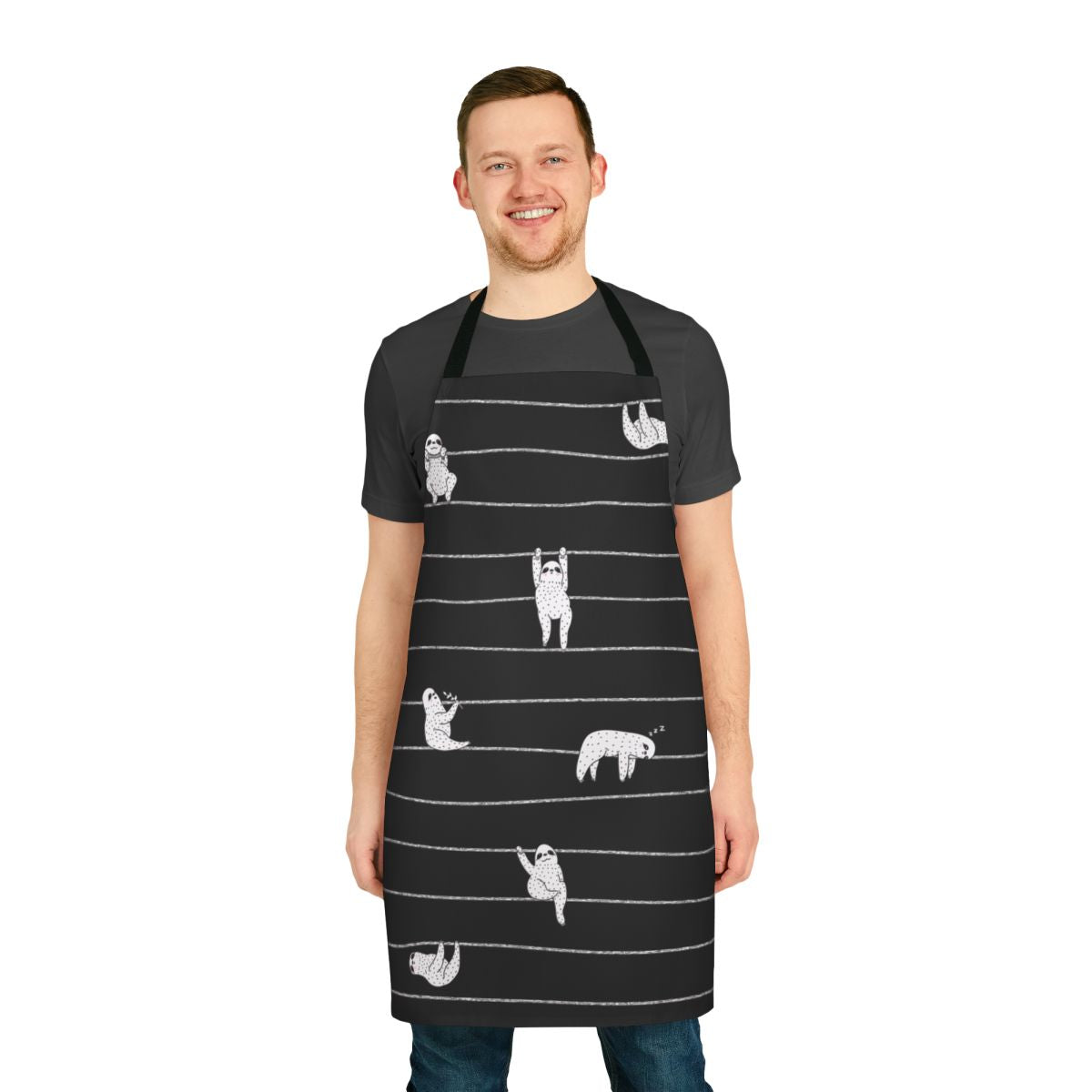 A sloth-themed cotton kitchen apron with a whimsical striped pattern