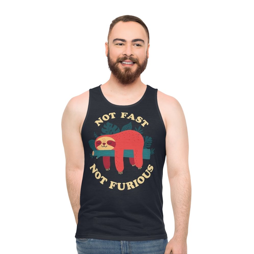 Sloth character printed on a unisex tank top