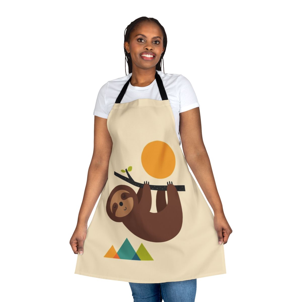 Sloth-themed apron with a relaxing design featuring a sleeping sloth