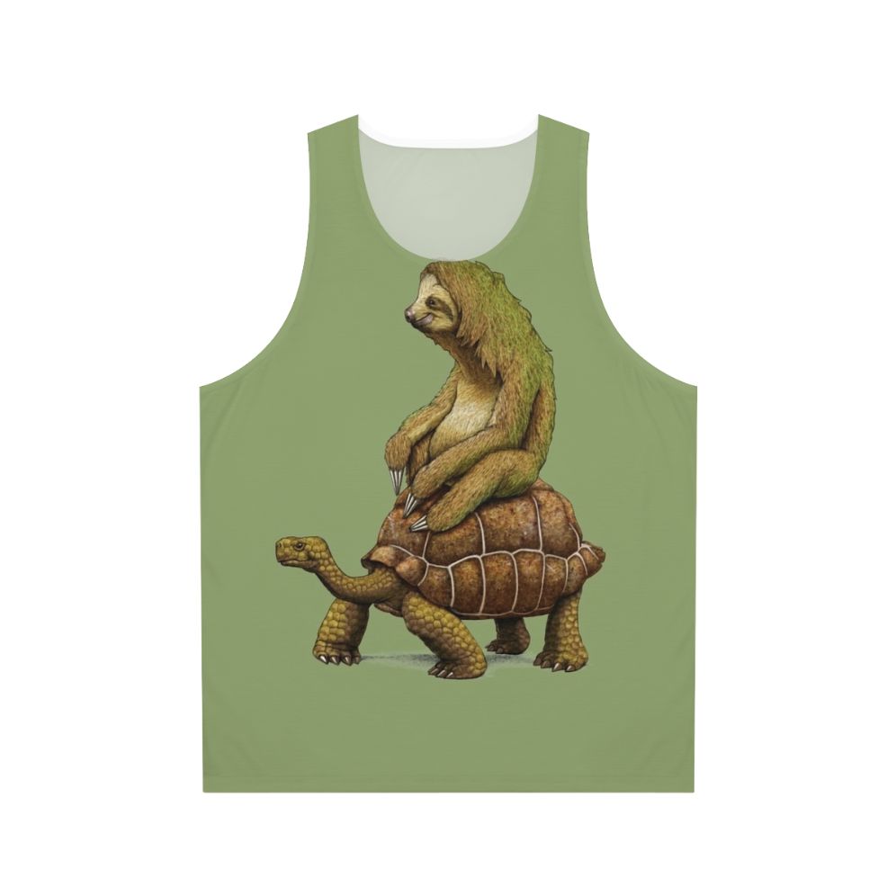 Sloth and turtle graphic on an earth-toned unisex tank top