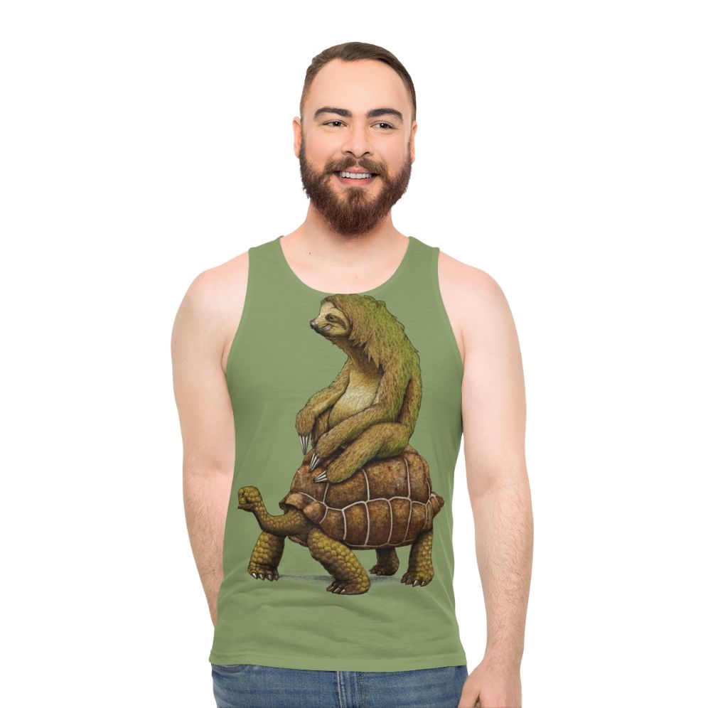 Sloth and turtle graphic on an earth-toned unisex tank top