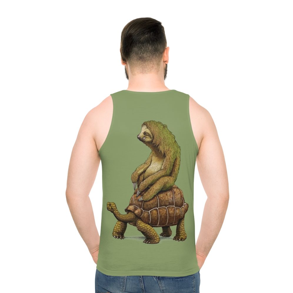 Sloth and turtle graphic on an earth-toned unisex tank top