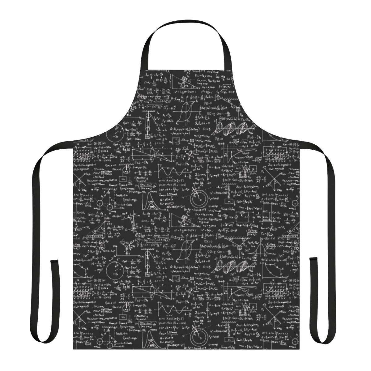 Black apron with handwritten physics and math equations