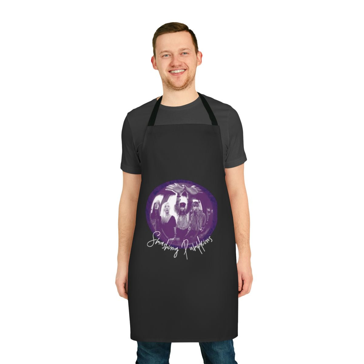 Smashing Pumpkins Gish-inspired apron with purple, black, and white design