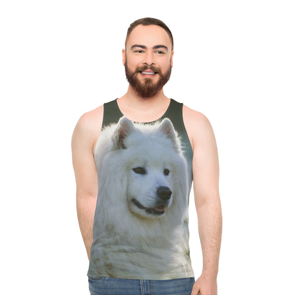 Smiling Samoyed dog wearing a unisex tank top