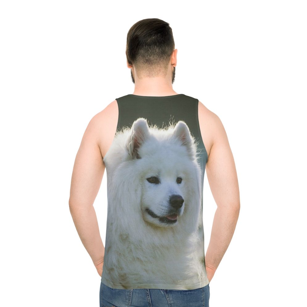 Smiling Samoyed dog wearing a unisex tank top