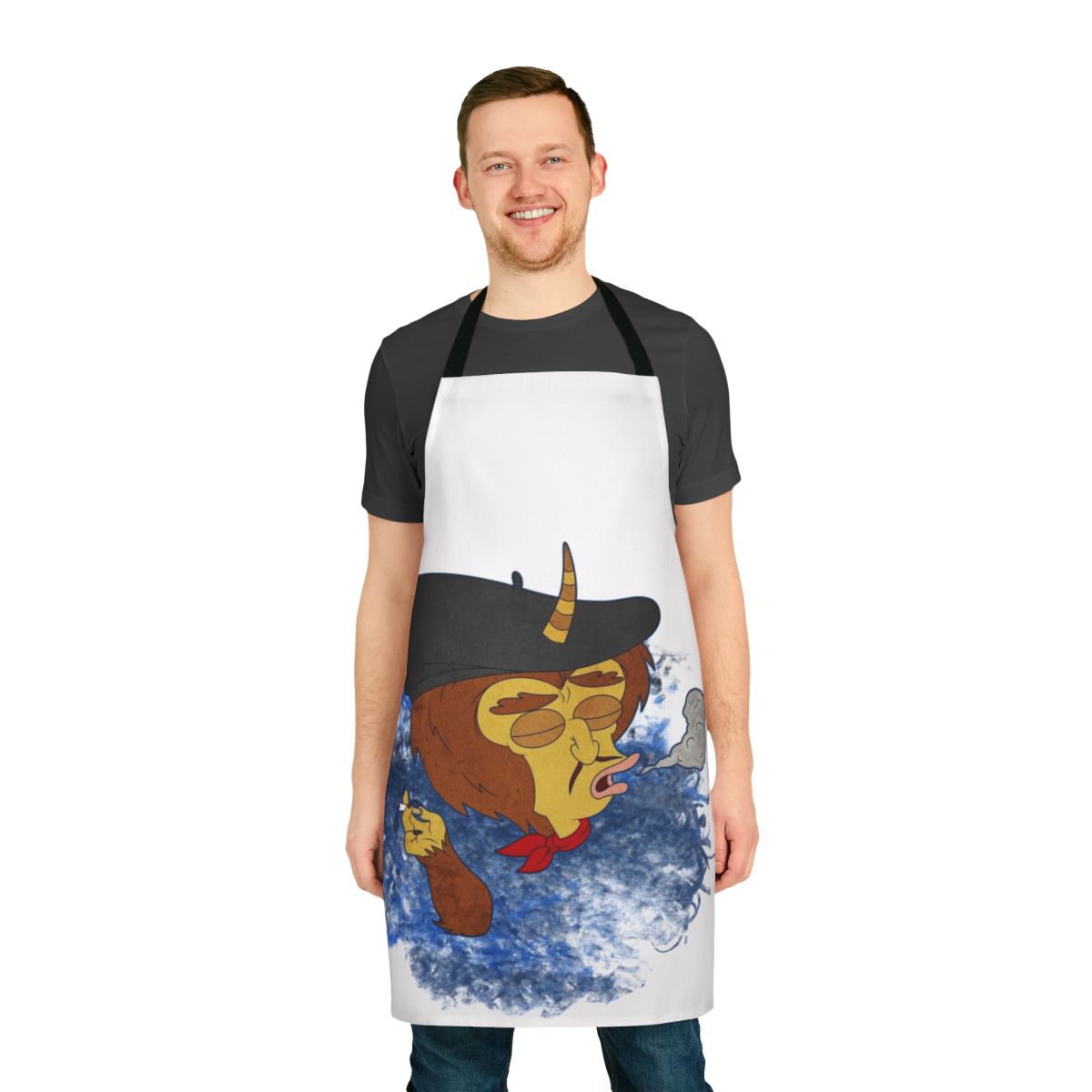 Smoke blue apron with Maury character from Big Mouth Netflix series