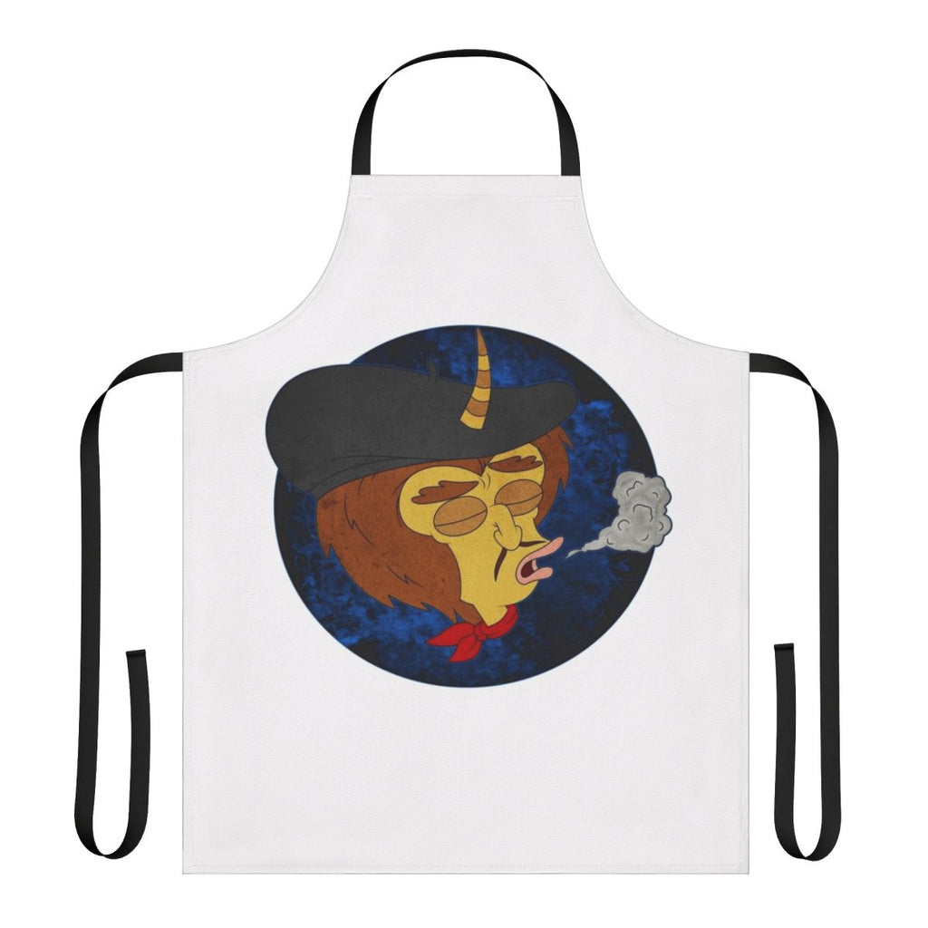 Smoke blue apron with cartoon characters, inspired by the Netflix series Big Mouth