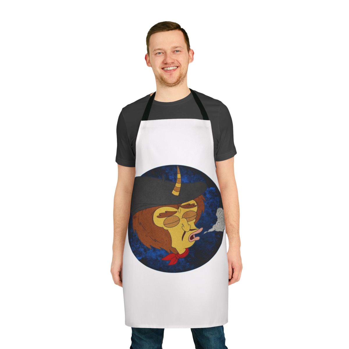 Smoke blue apron with cartoon characters, inspired by the Netflix series Big Mouth
