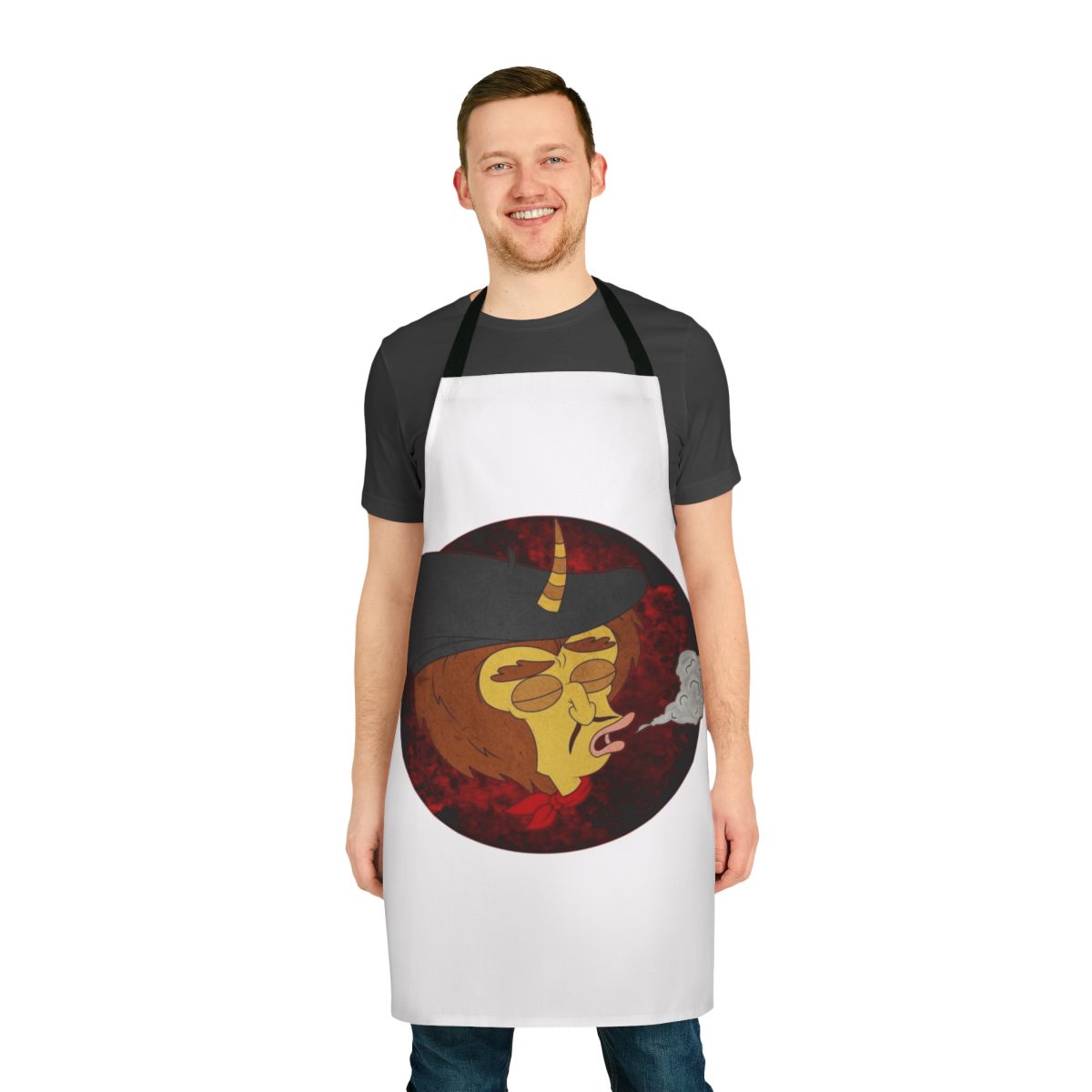 Red and black apron with a smoke design, inspired by the Netflix animated series Big Mouth