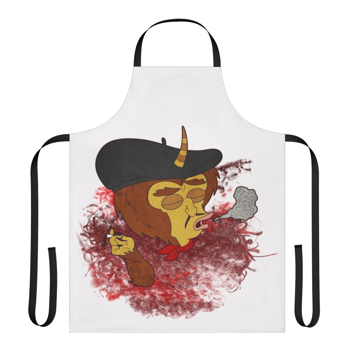 Smoke-themed red apron with Big Mouth character design