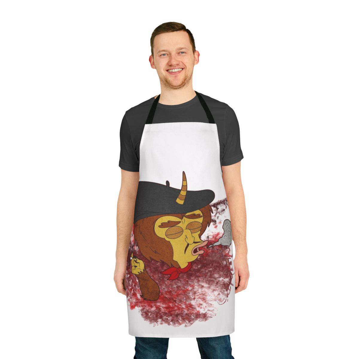Smoke-themed red apron with Big Mouth character design