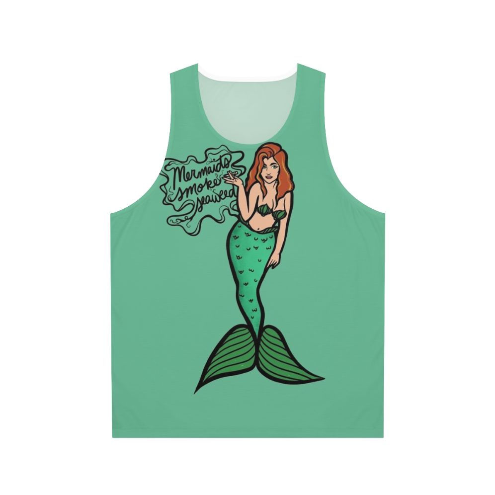 Smoking mermaid with seaweed graphic on tank top