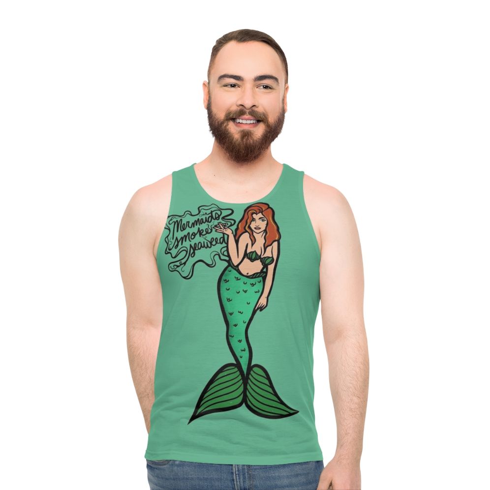 Smoking mermaid with seaweed graphic on tank top