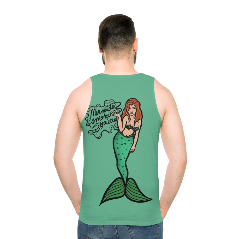Smoking mermaid with seaweed graphic on tank top
