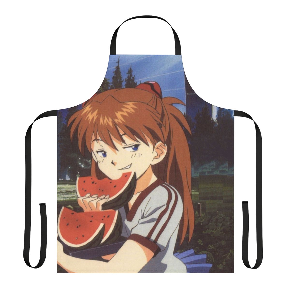 Smug anime character design on a high-quality apron